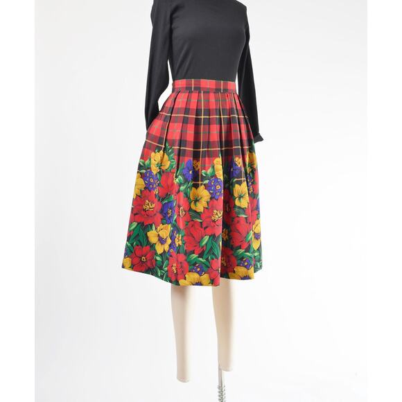 Vintage 80s Red Plaid and Floral Full Pleated Midi Skirt with Pockets size M - Picture 3 of 8